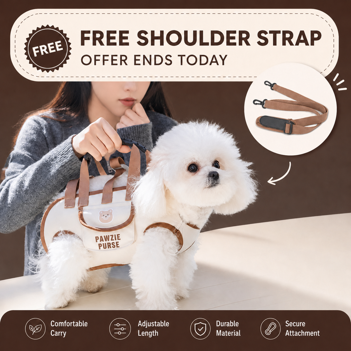Cream and caramel hands-free pet carrier